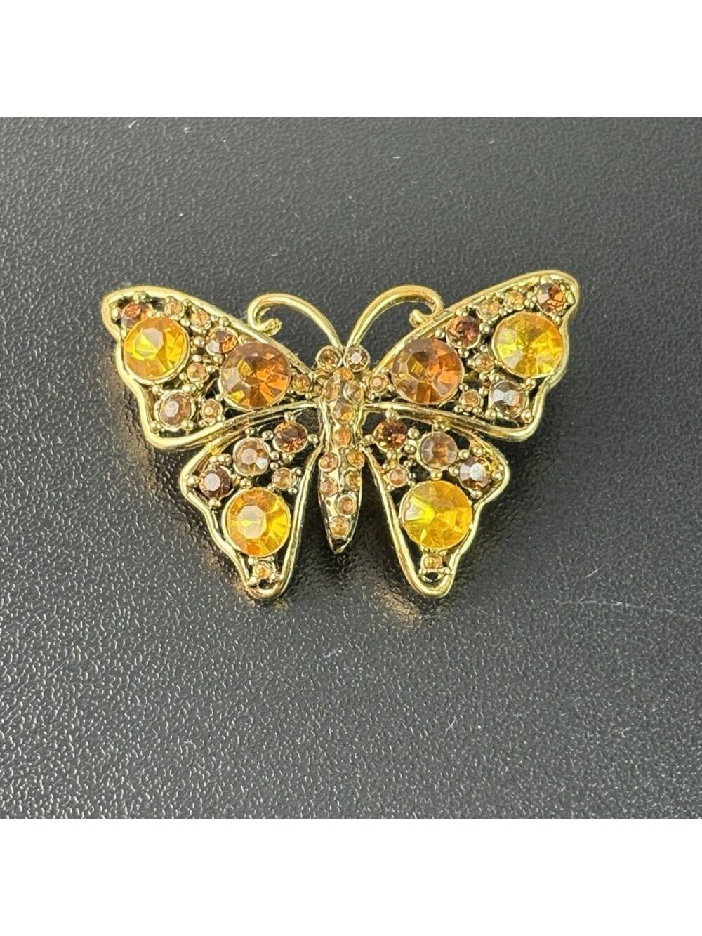 Vintage Amber Rhinestone Gold Toned Butterfly Brooch 1.75" Wide Jewelry